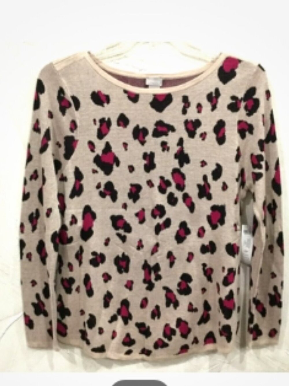 Chico's Petite 2 Womens size 12p Pullover Sweater Tan Fuchsia Black Soft Animal